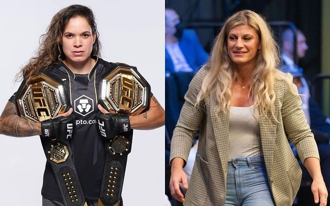 Amanda Nunes reacts as Dana White announces Holly Holm vs. Kayla Harrison for UFC 300