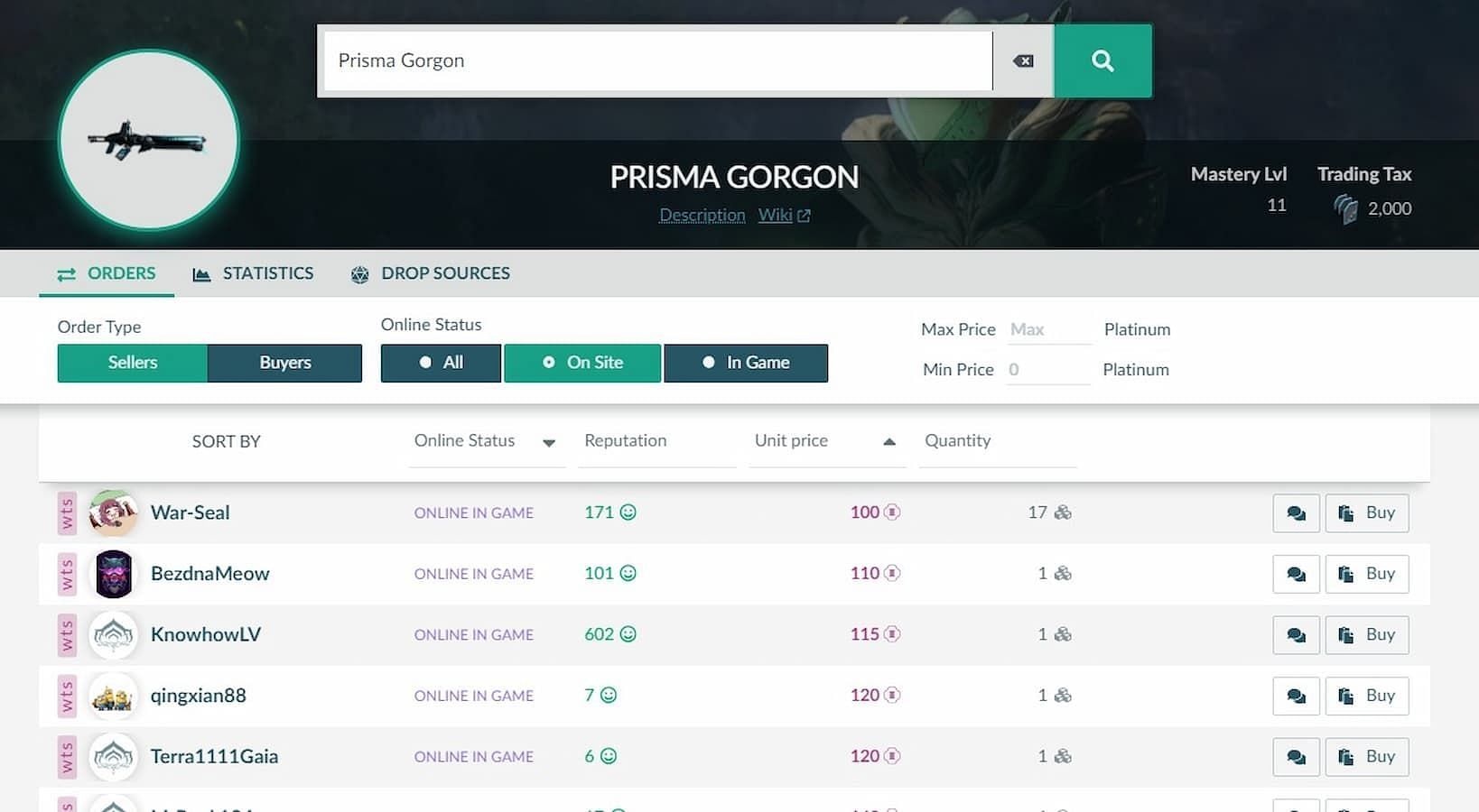 Selling Prisma and Wraith weapons is a Platinum-farming way preferred by patient Warframe players (Image via Warframe Market)