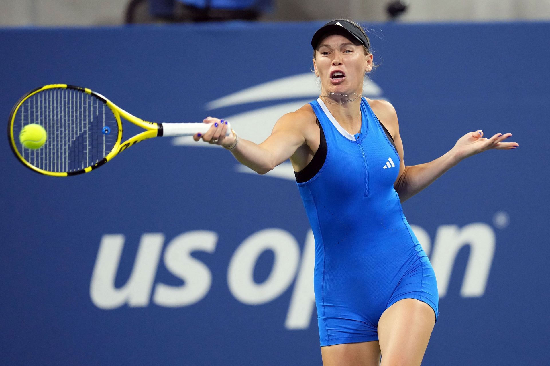 Caroline Wozniacki hits a forehand at the 2023 US Open.