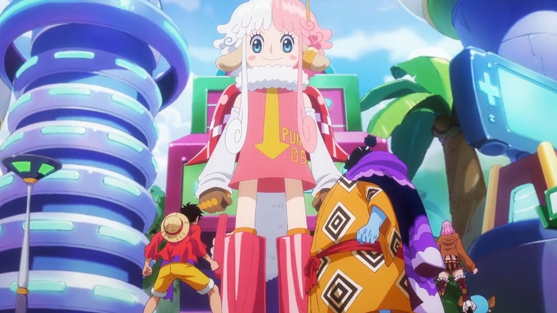 A giant girl appears before Luffy&#039;s group in One Piece episode 1091 (Image via Toei Animation)