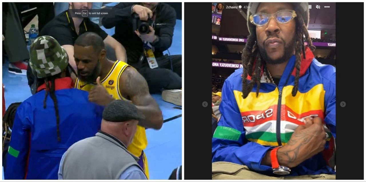 LeBron James and 2 Chainz dap each other up