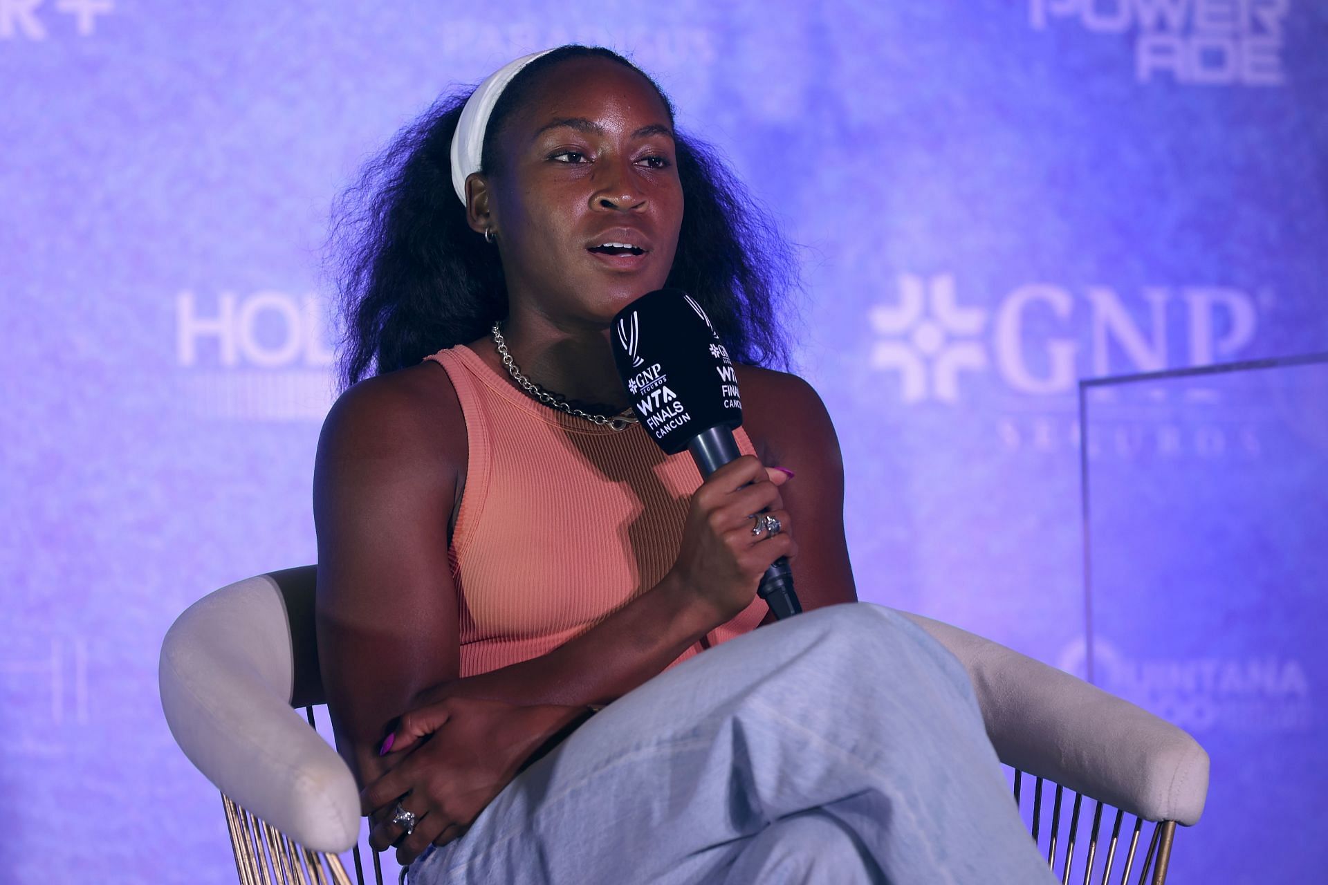 Coco Gauff speaking to the press