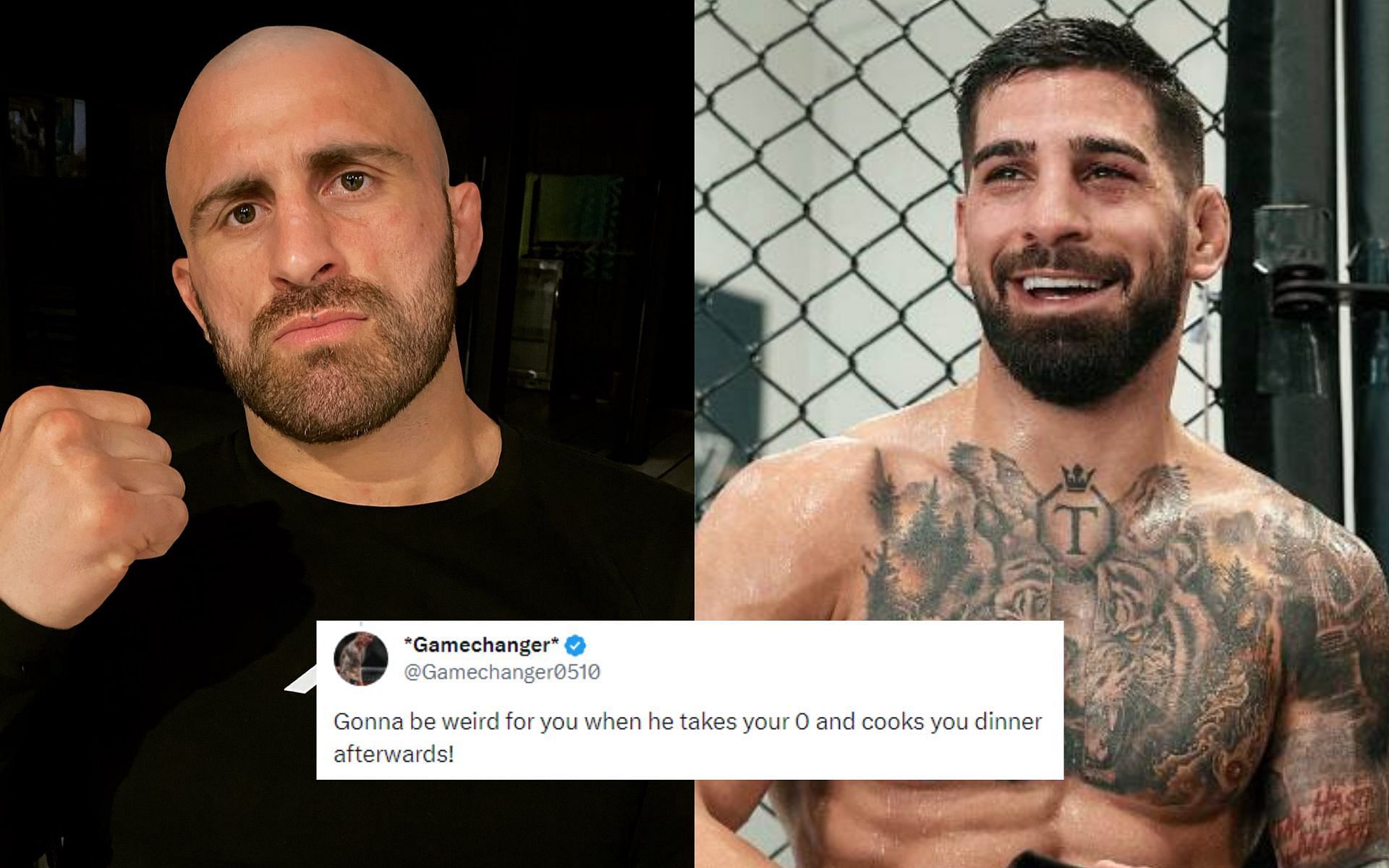 Ilia Topuria [Right] took a jibe at Alexander Volkanovski [Left] ahead of title fight at UFC 298 [Image courtesy: @alexvolkanovski and @Topuriailia - X]