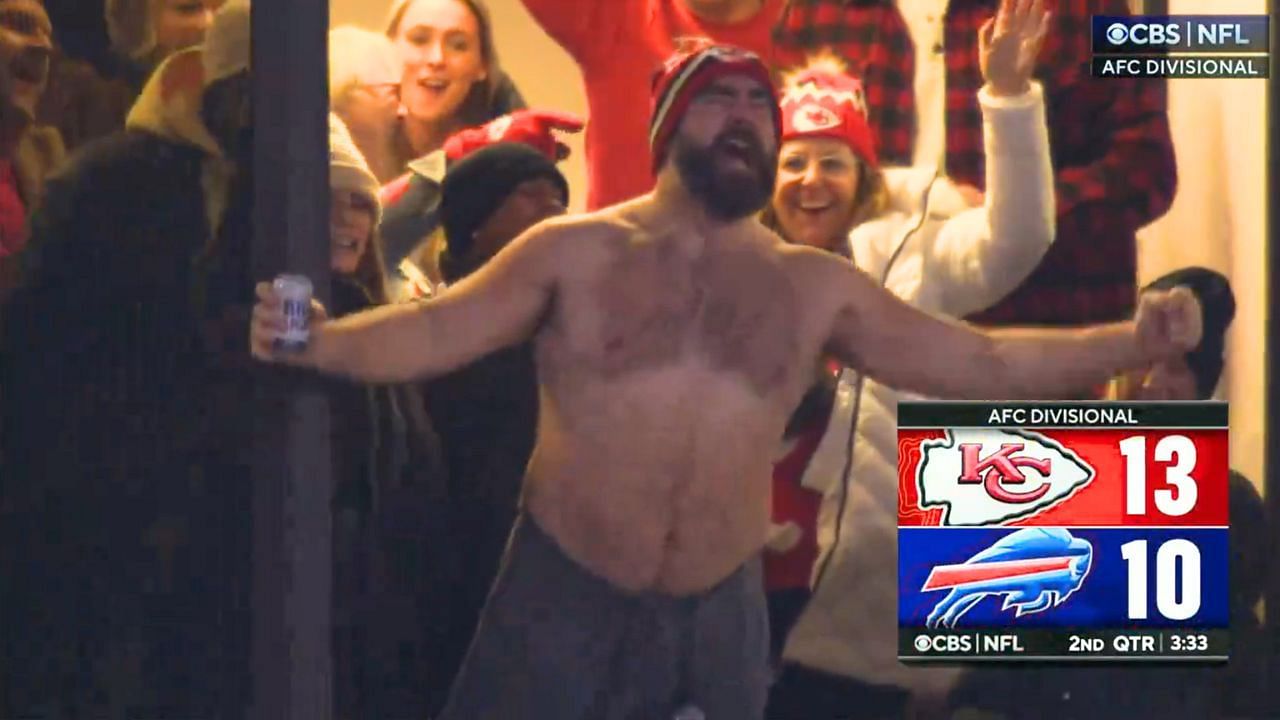 Jason Kelce goes shirtless cheering for Travis Kelce TD in 19&deg; freezing Buffalo weather