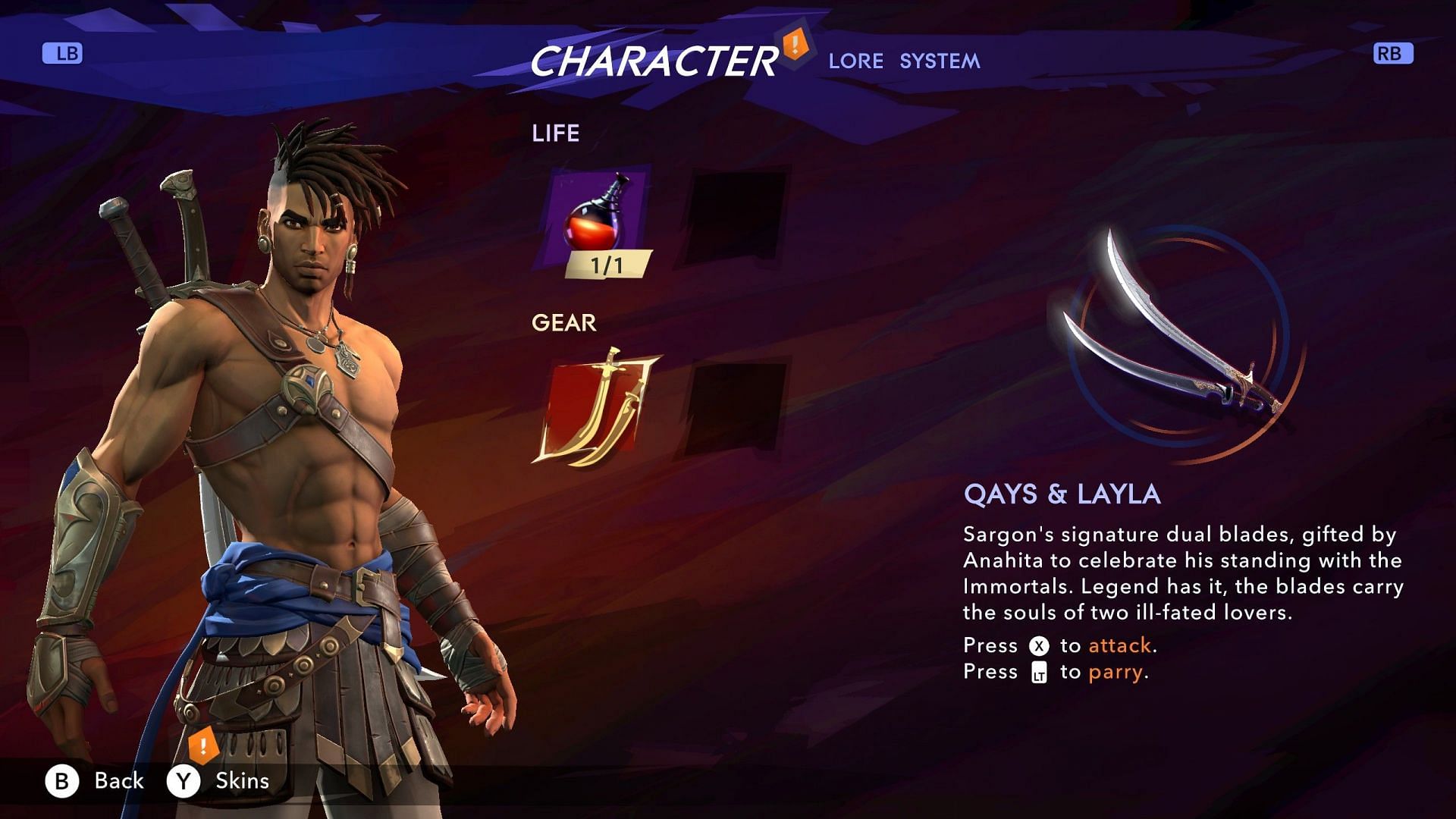 Players can change their attire via this screen (Screenshot from Prince of Persia The Lost Crown)