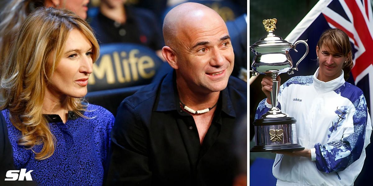 Andre Agassi expresses love for Steffi Graf by kissing her 1994 Australian Open trophy portrait at Melbourne