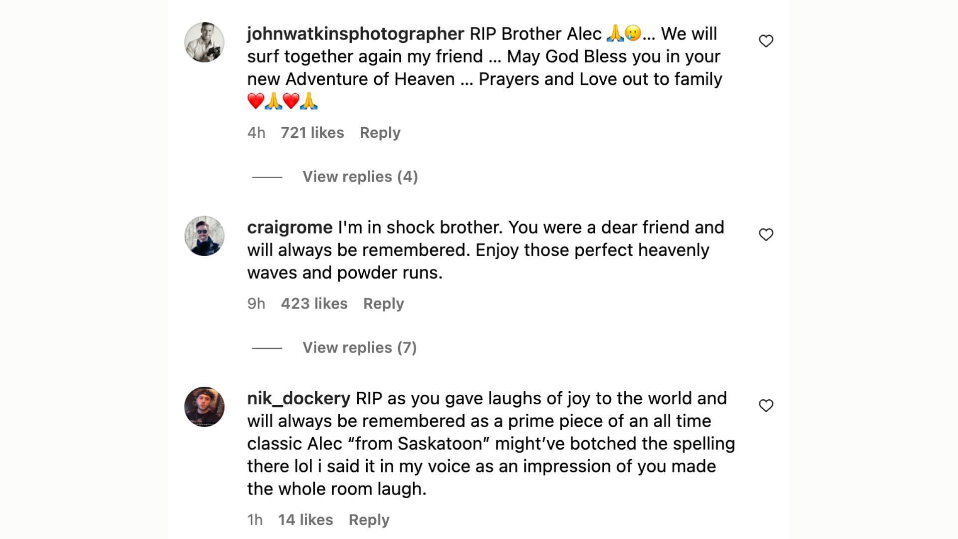 Some of the comments left by fans on Alec&#039;s latest post (Image via Instagram/@alecmusser)