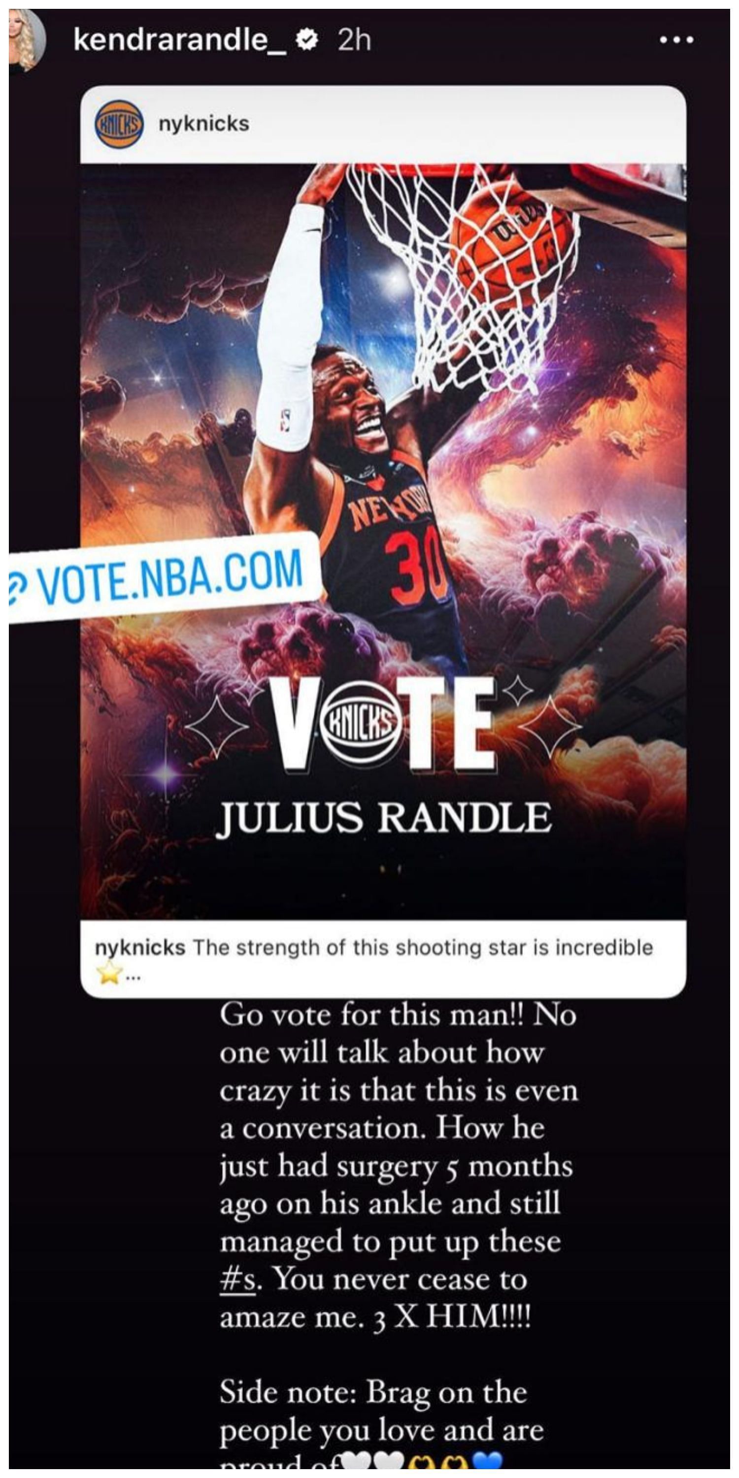 Kendra Randle calls fans to vote for Julius Randle&#039;s participation in the All-Star Game.