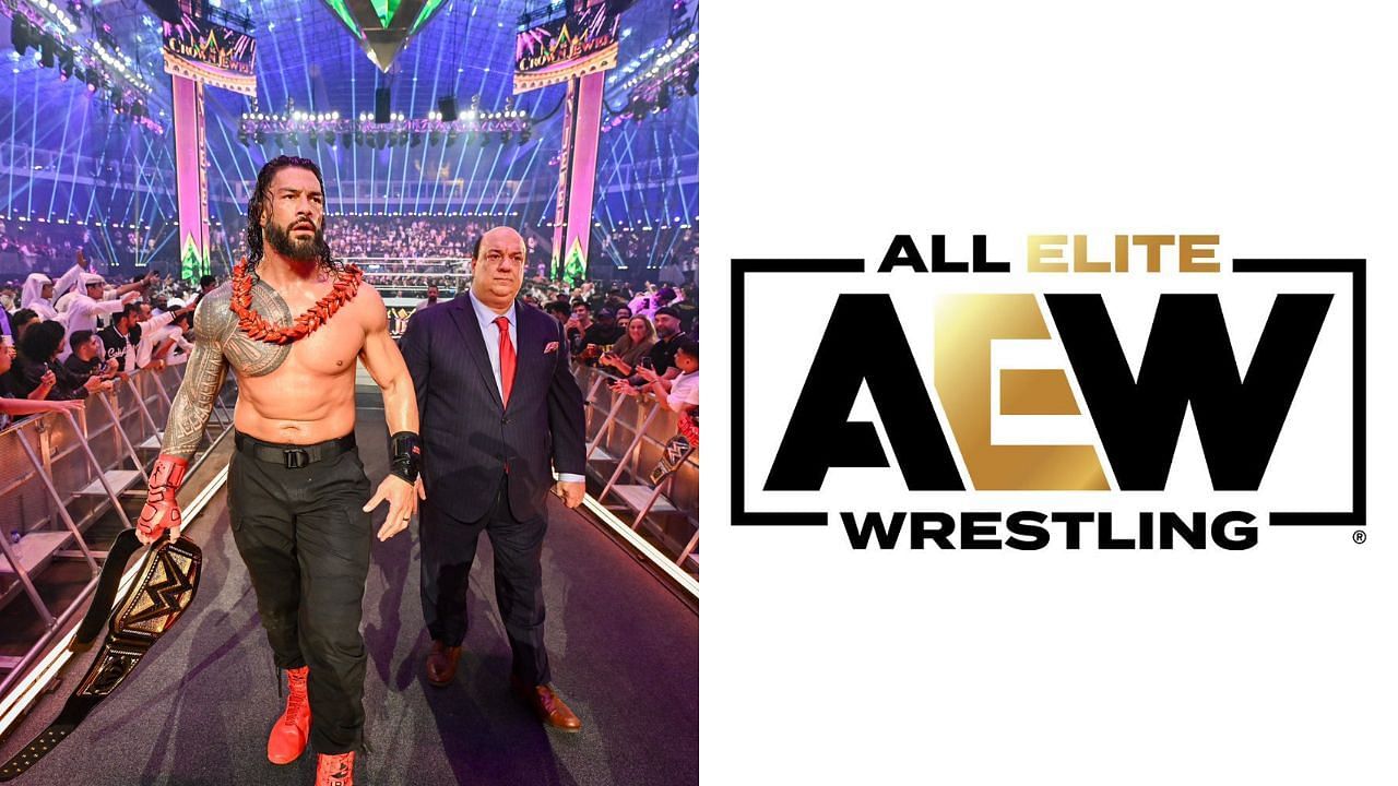 WWE stars Roman Reigns &amp; and Paul Heyman (left) and AEW logo (right)