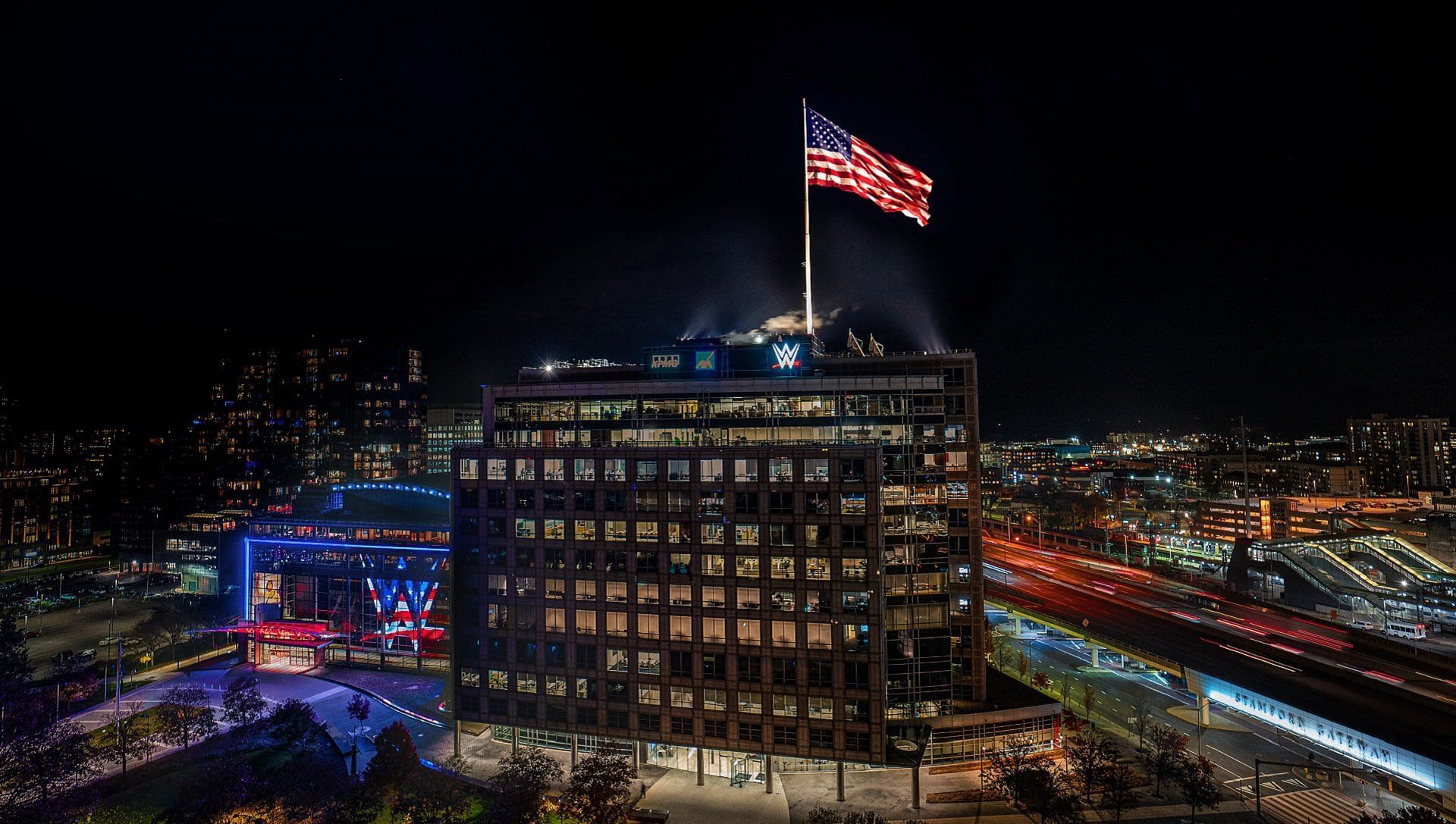 Flags raised at WWE HQ in Stamford, Connecticut