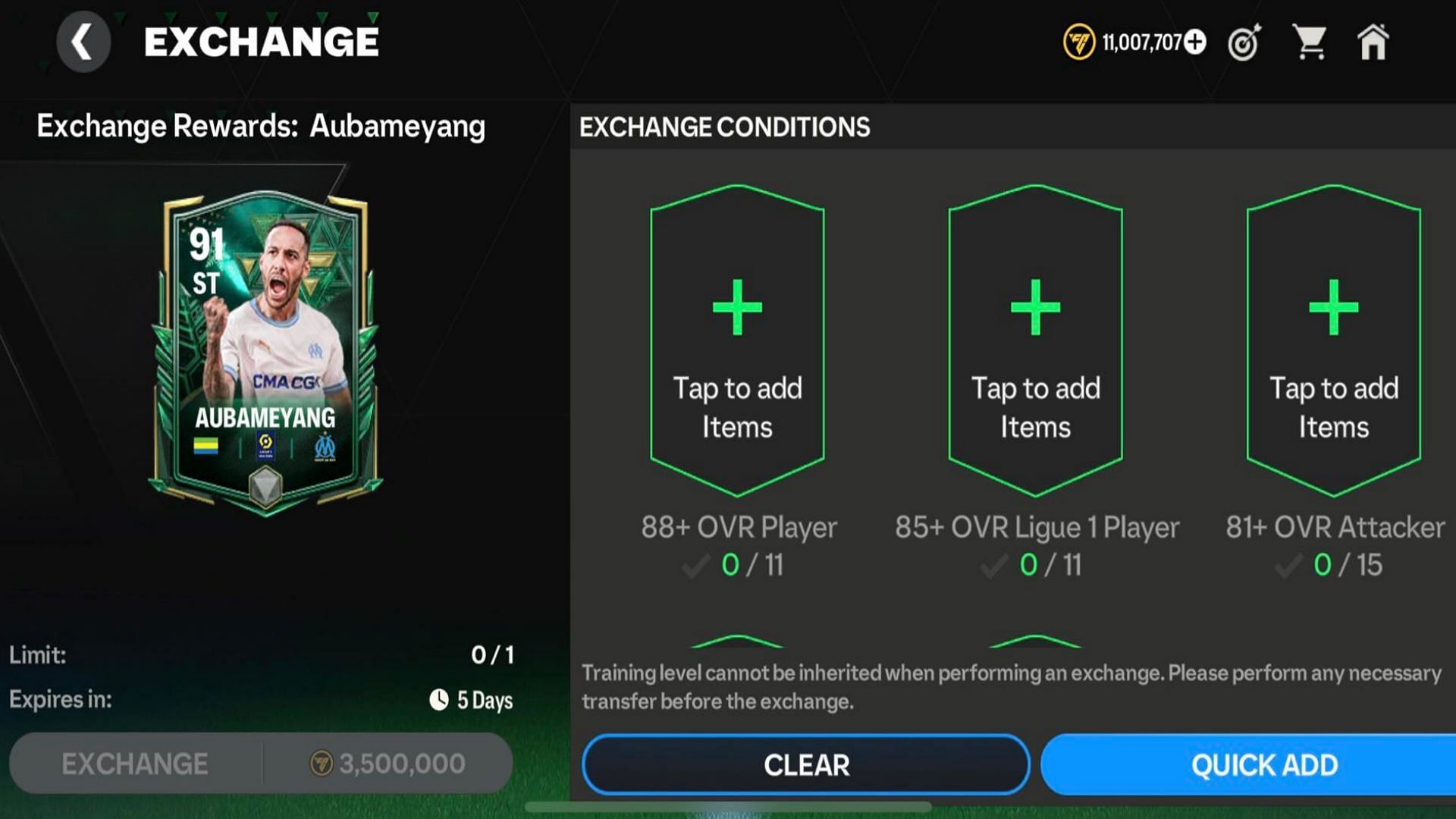 Pierre-Emerick Aubameyang&#039;s Winter Wildcard Exchange requirements (Image via EA Sports)