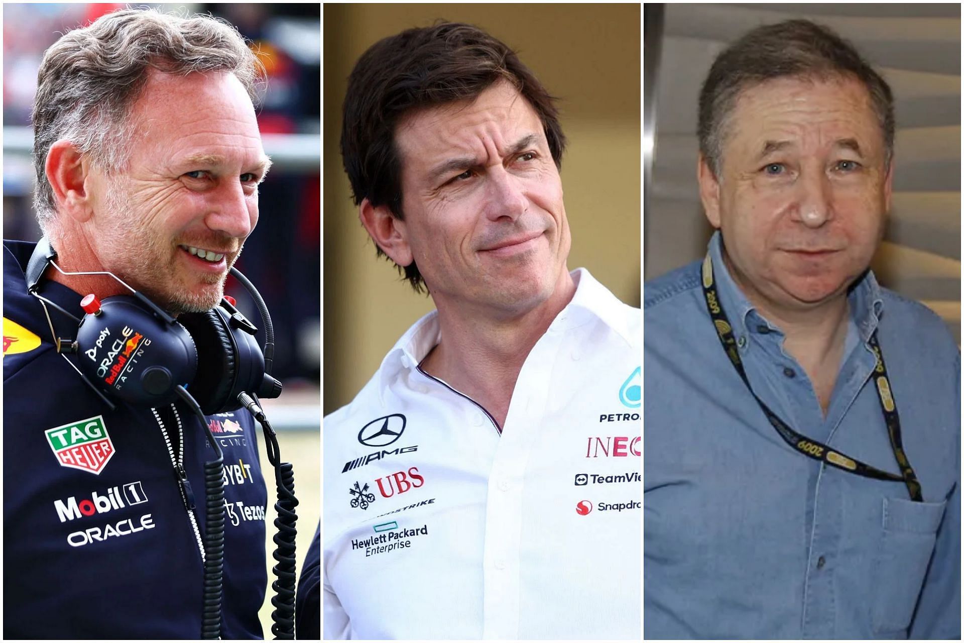 Christian Horner (L), Toto Wolff (C), and Jean Todt (R) (Collage via Sportskeeda)