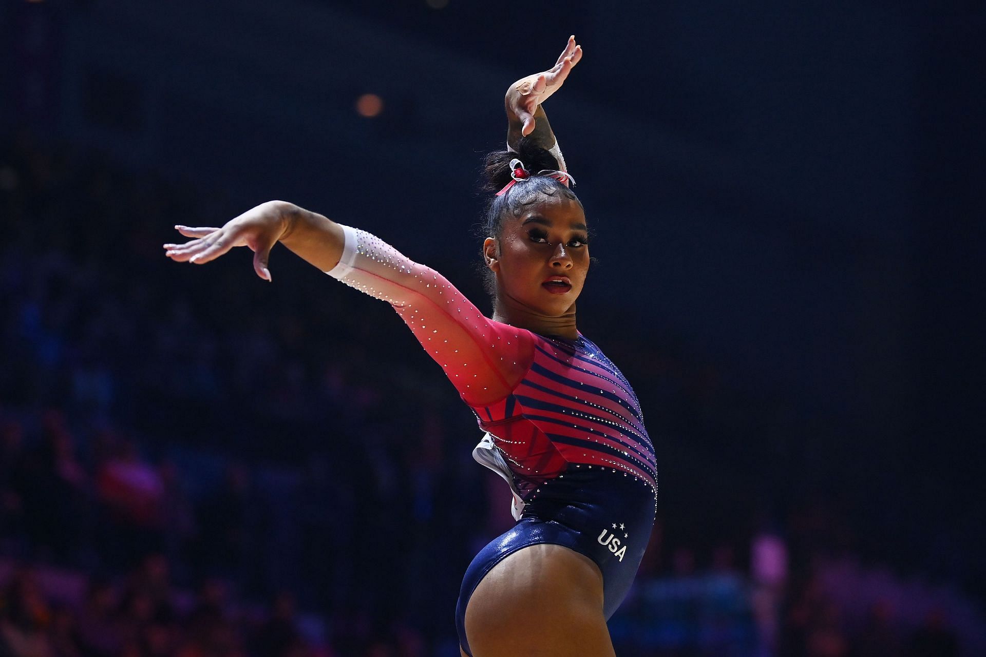 Jordan Chiles in the Woman&#039;s Floor Final at the 2022 Gymnastics World Championships. (Photo by Laurence Griffiths/Getty Images)