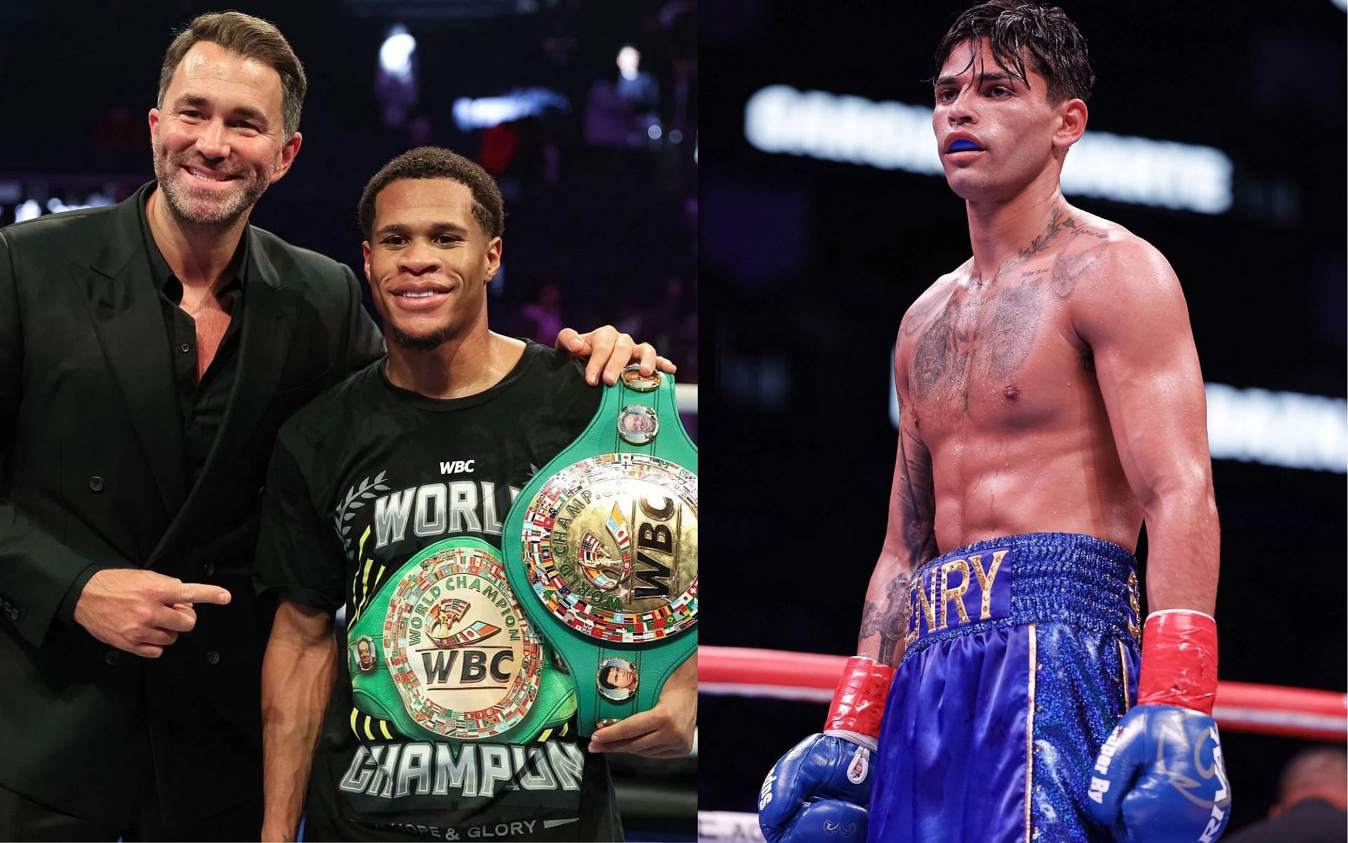 Eddie Hearn (left) shares encouraging update on Devin Haney (middle left) and Ryan Garcia (right) [Images Courtesy: @GettyImages]