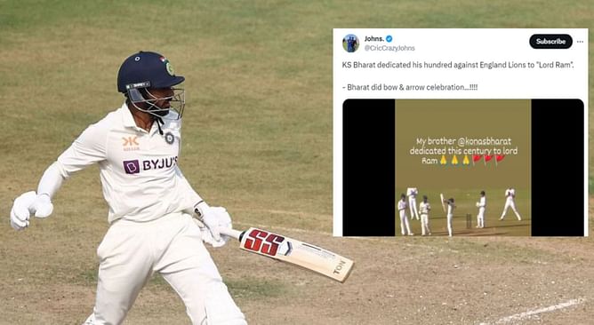 [Watch] KS Bharat celebrates century against England Lions with a tribute to Lord Rama