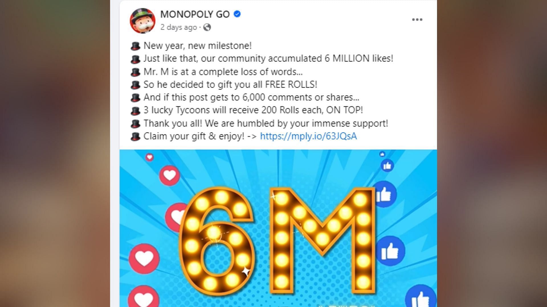 Scopely provided a free dice link when the title&#039;s Facebook page hit six million likes. (Image via Facebook)