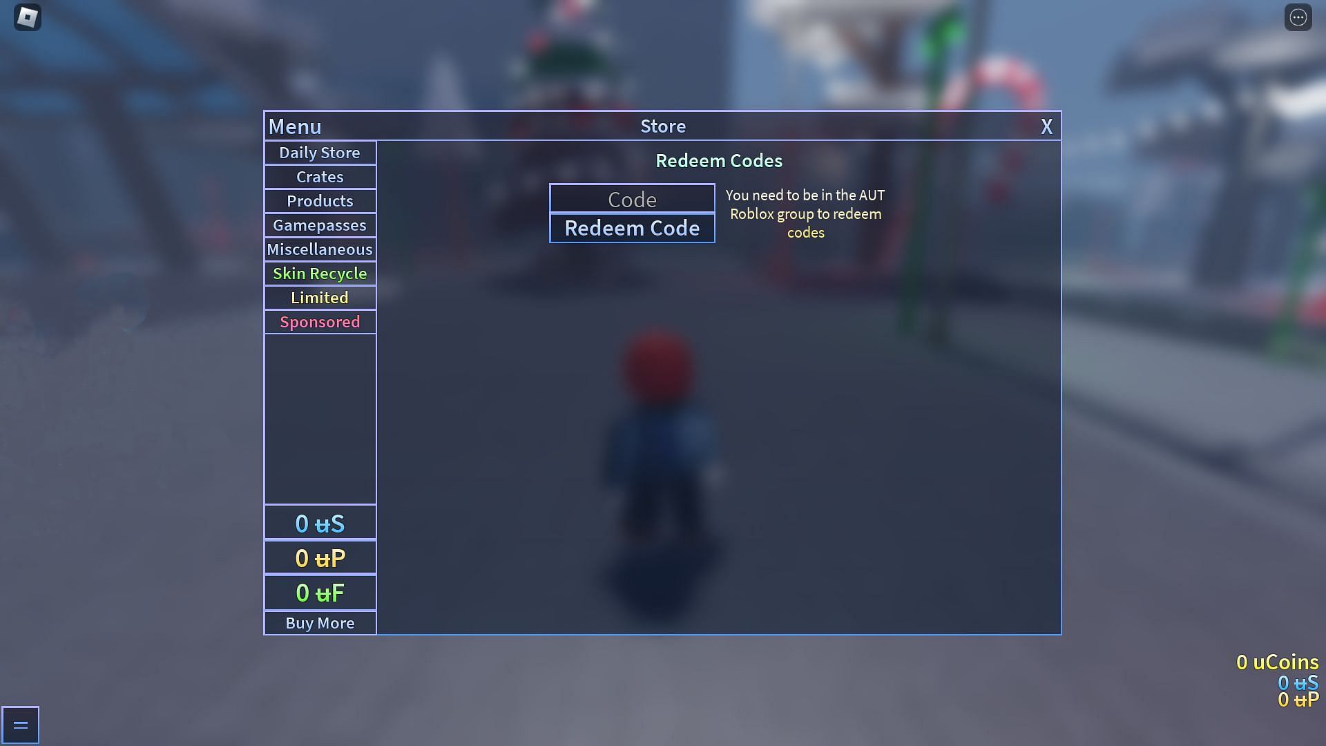 Redeem Codes screen in AUT (Image by Roblox and Sportskeeda)
