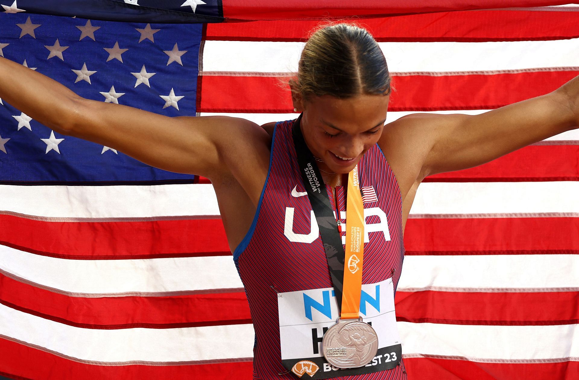 Silver medalist Anna Hall reacts after winning the silver in the Heptathlon event at the World Athletics Championships Budapest 2023. (Photo by Patrick Smith/Getty Images)