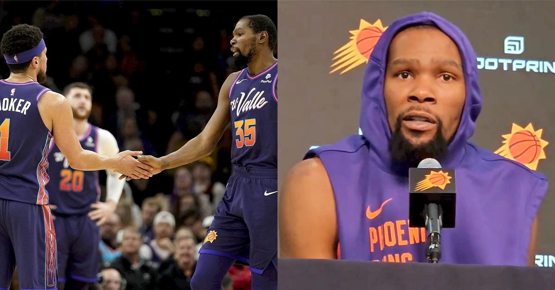 Phoenix Suns stars Devin Booker (left) and Kevin Durant (right)
