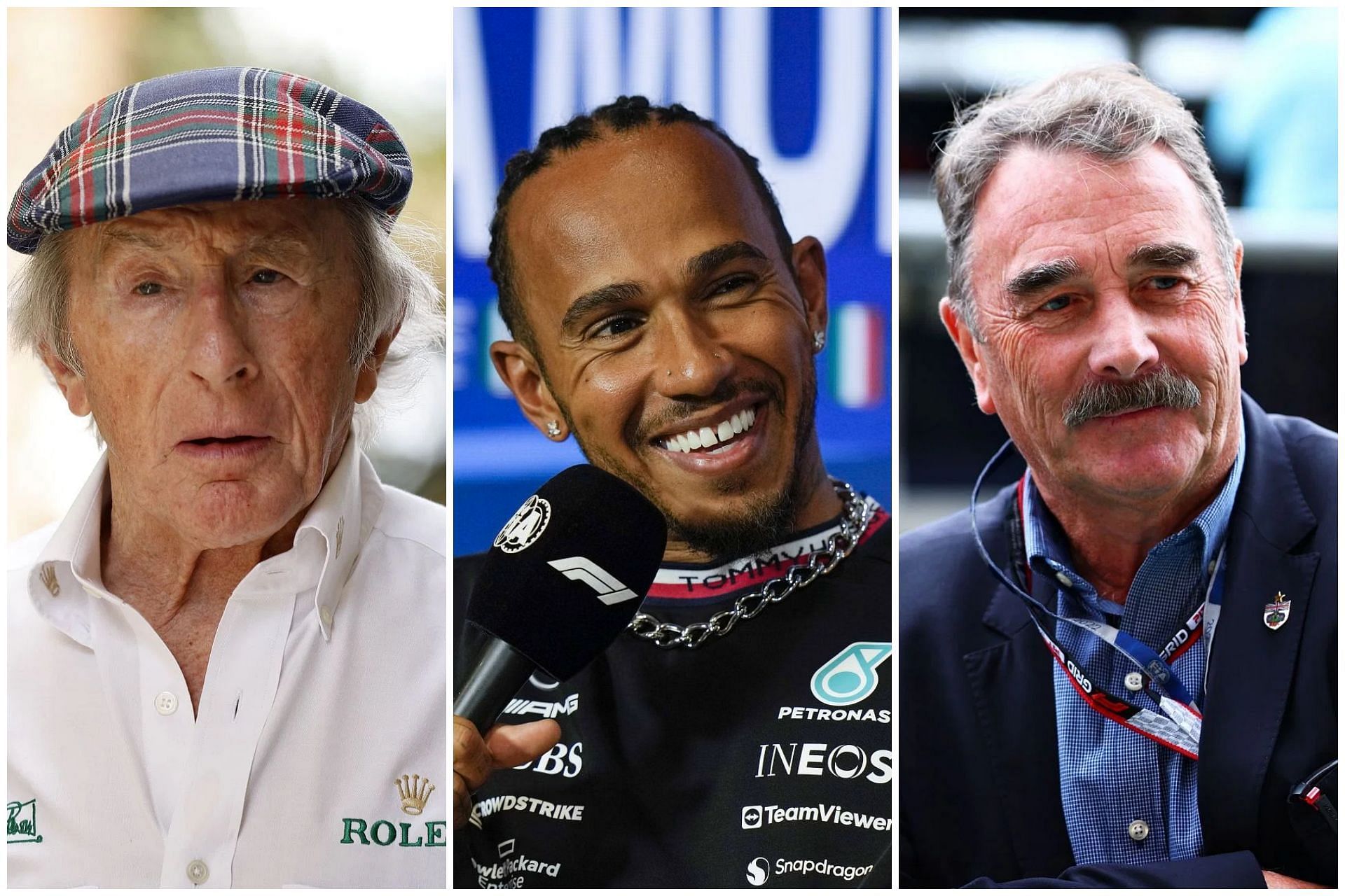 Sir Jackie Stewart (L), Sir Lewis Hamilton (C), and Nigel Mansell (R) (Collage via Sportskeeda)