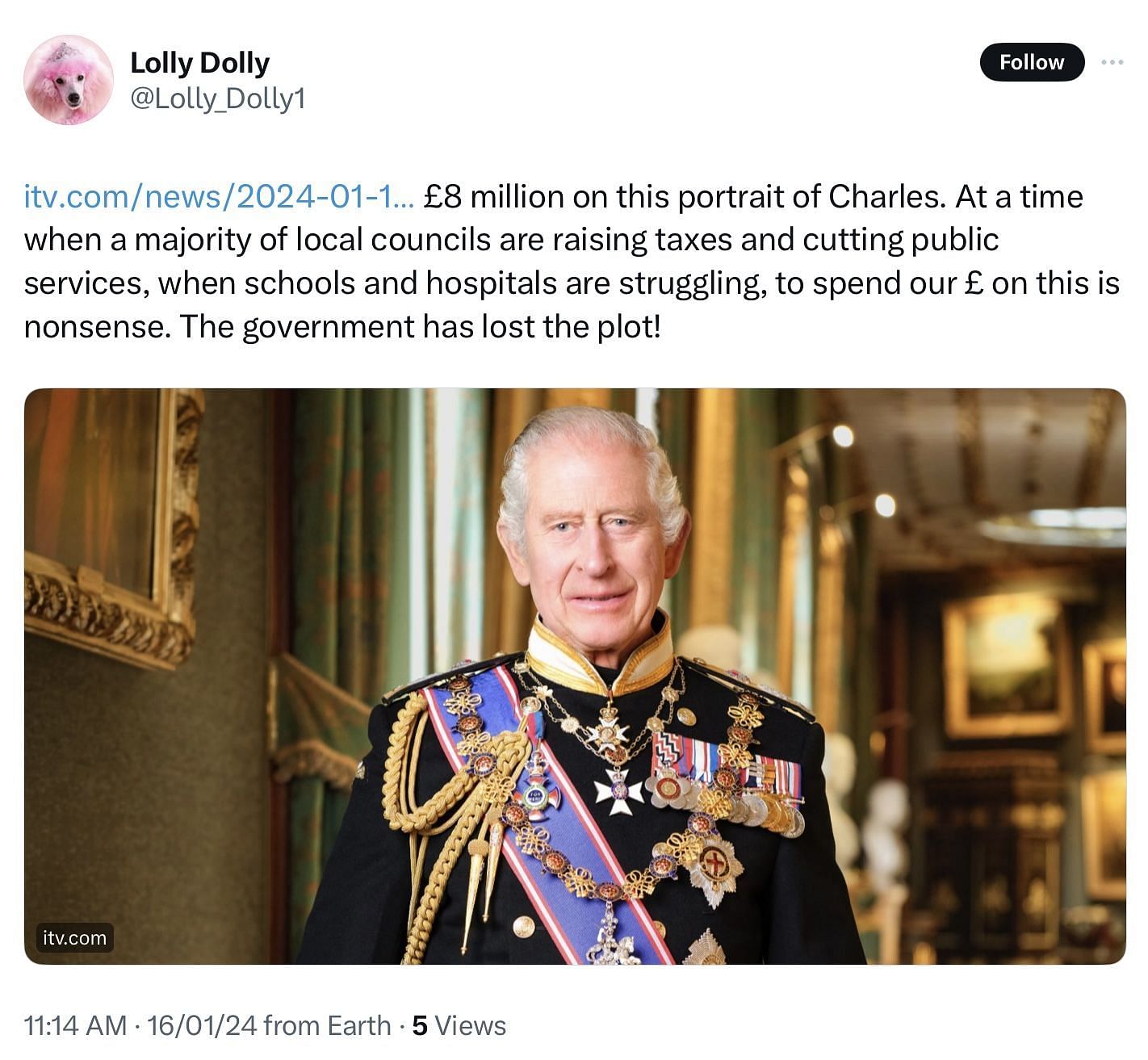 People on X react to King Charles&#039; portrait (Image via @Lolly_Dolly1/X)