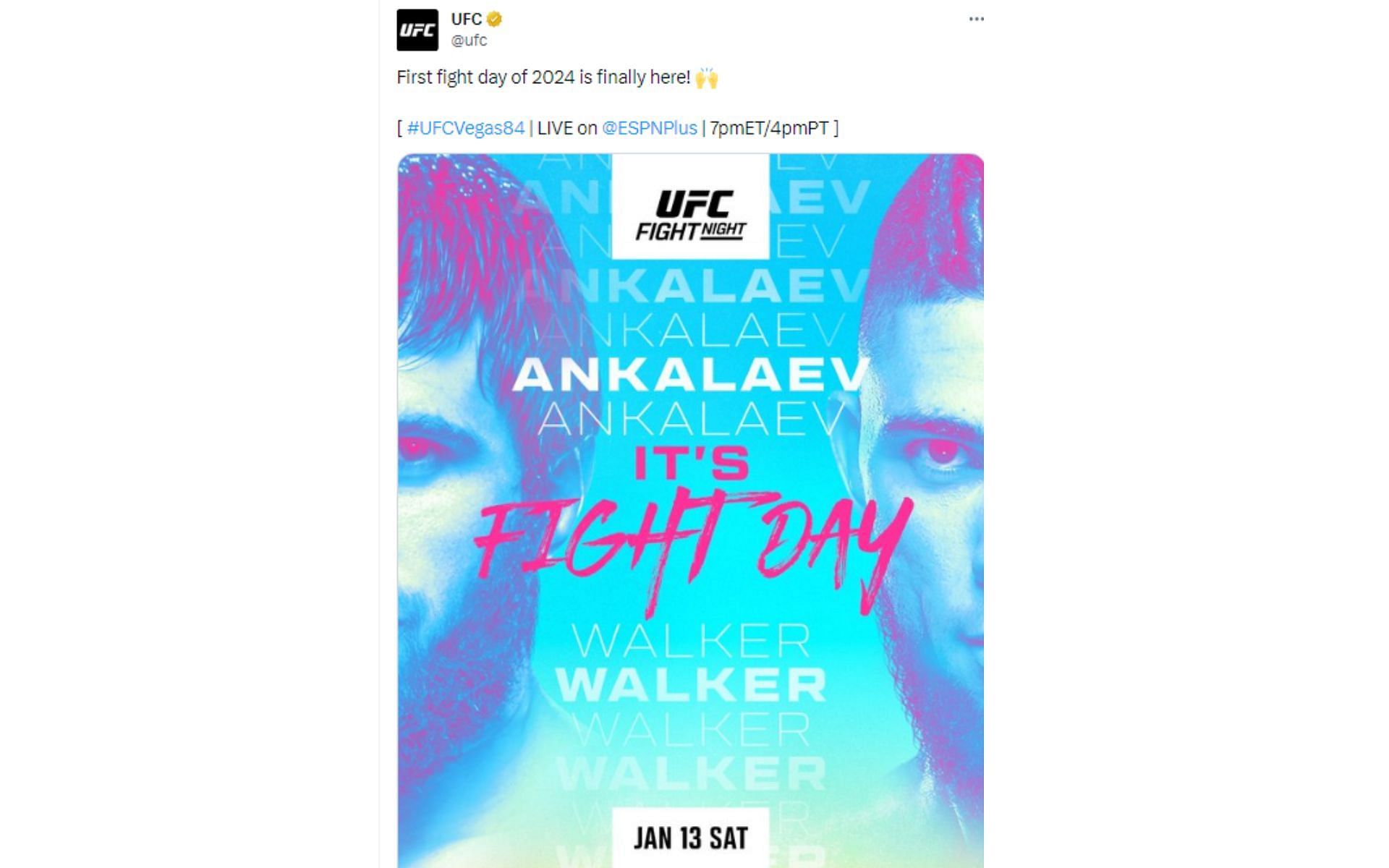 Tweet regarding UFC Vegas 84 [Image courtesy: @ufc - X]