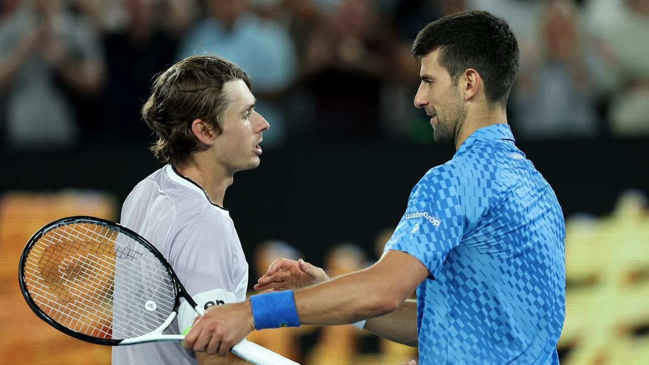 Alex de Minaur greets Novak Djokovic after their fourth-round encounter in Melbourne