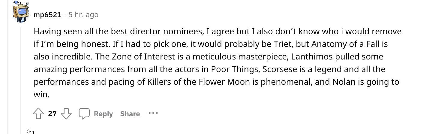 Fans reacting to theh movie&#039;s Oscar nominations. (Image via Reddit/@Civil-Confusion-7806)