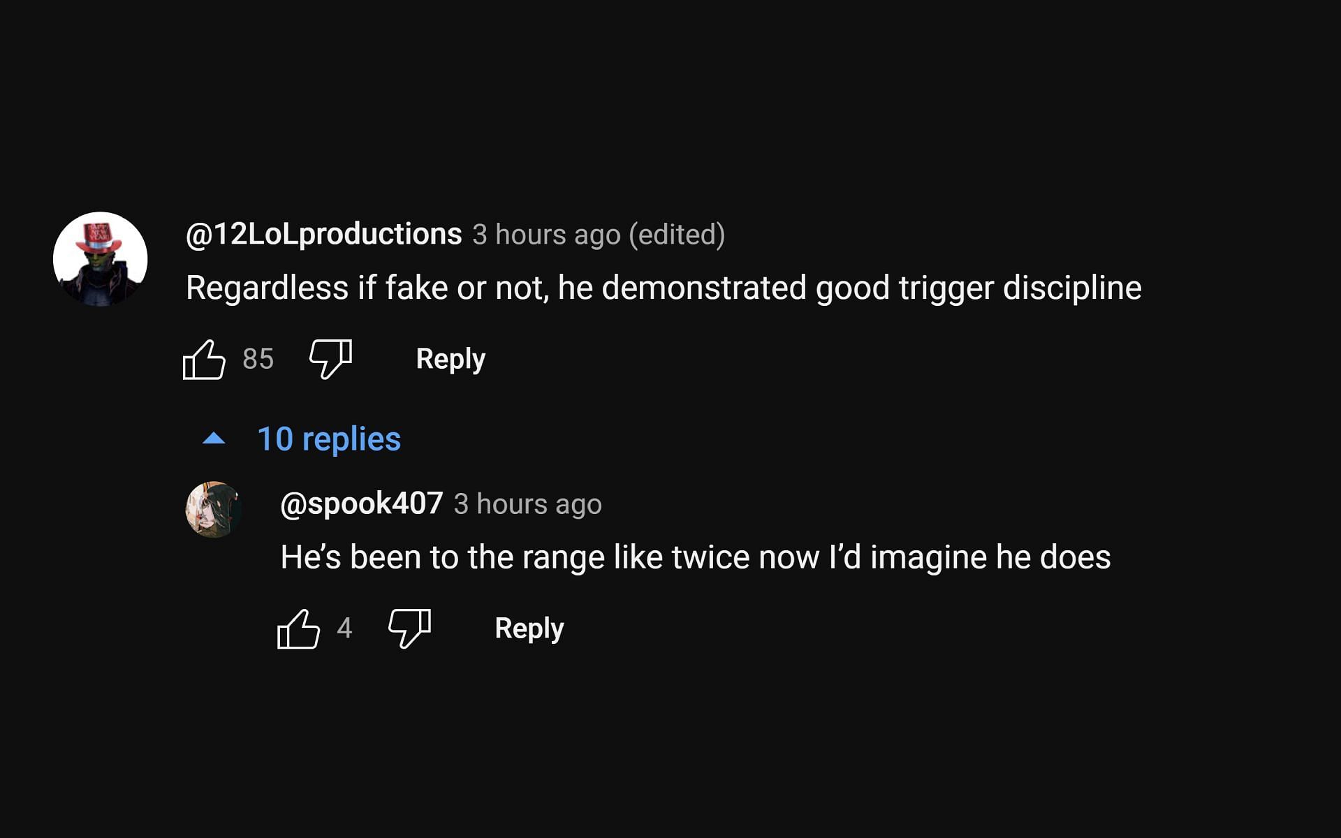 One fan wrote that the Twitch streamer &quot;demonstrated good trigger discipline&quot; (Image via YouTube comments section)