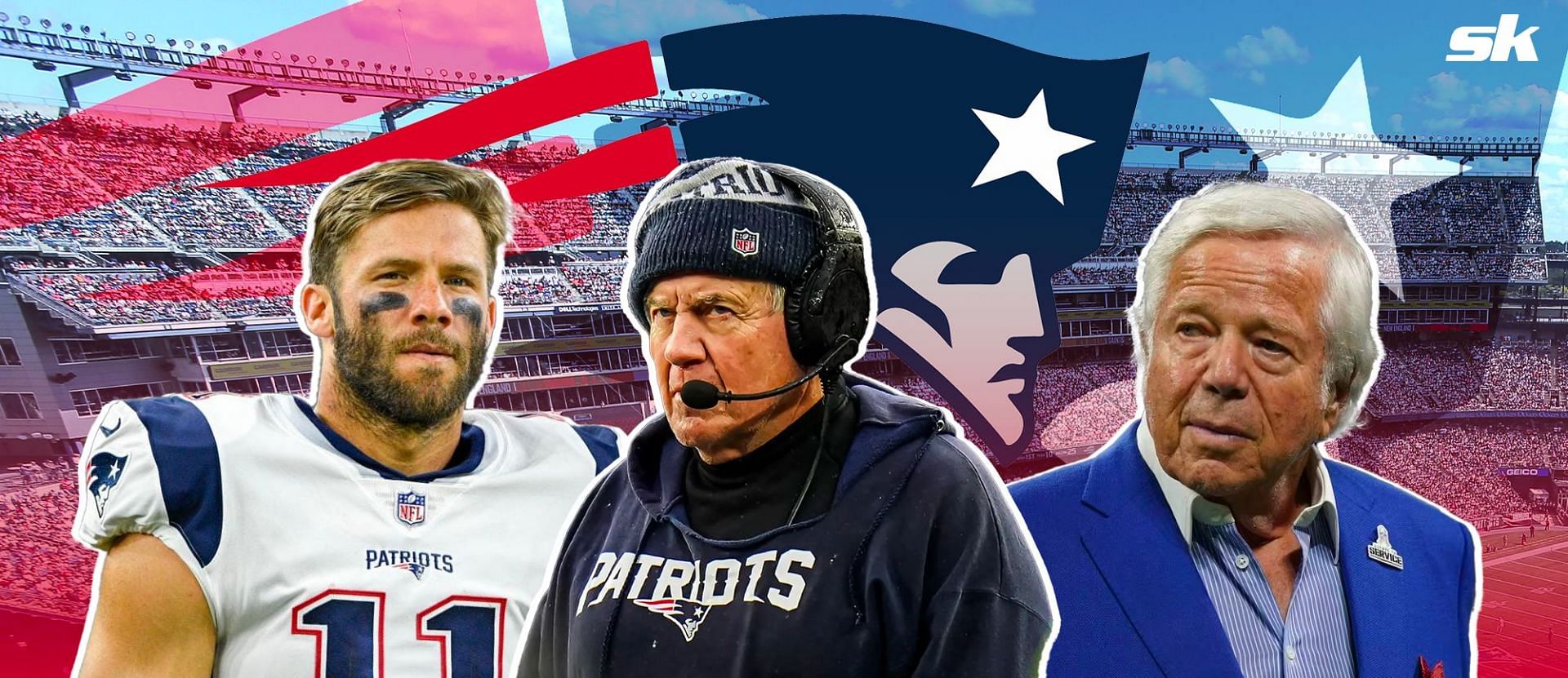 Julian Edelman, Bill Belichick, and Robert Kraft from left to right