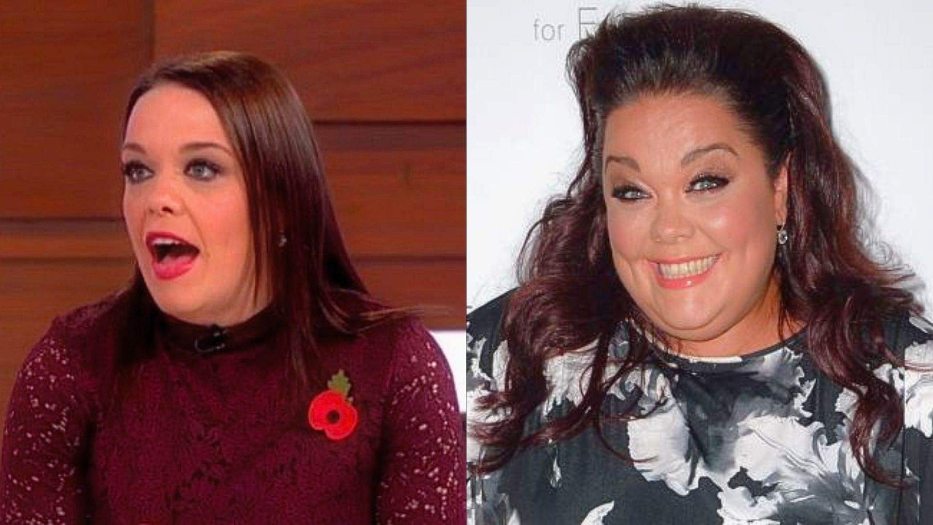 (L) Lisa Riley has lost a lot of weight while playing (R) Mandy Dingle on Emmerdale (Images via ITVX)