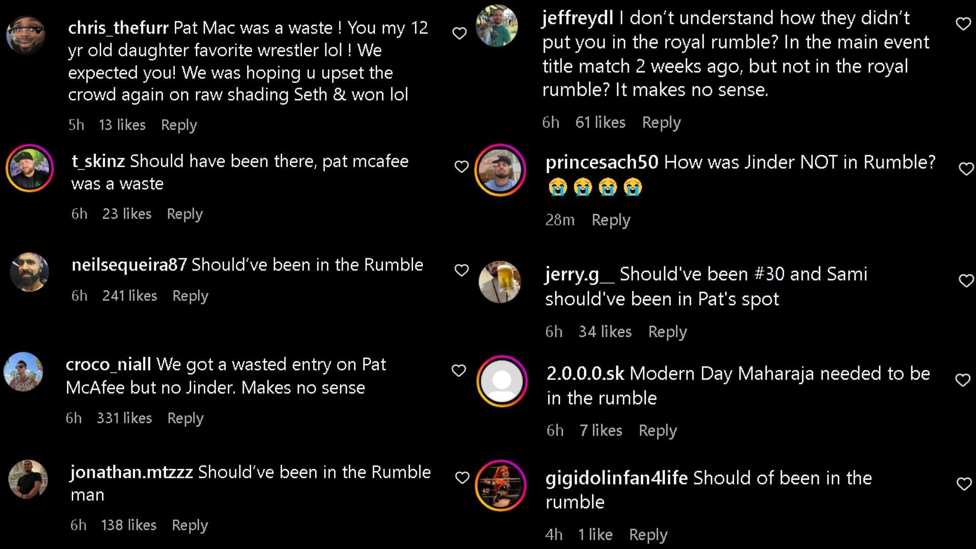 A screengrab of comments on Jinder Mahal&#039;s Instagram post.