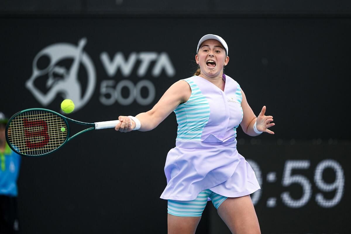 Jelena Ostapenko hits a forehand in Adelaide