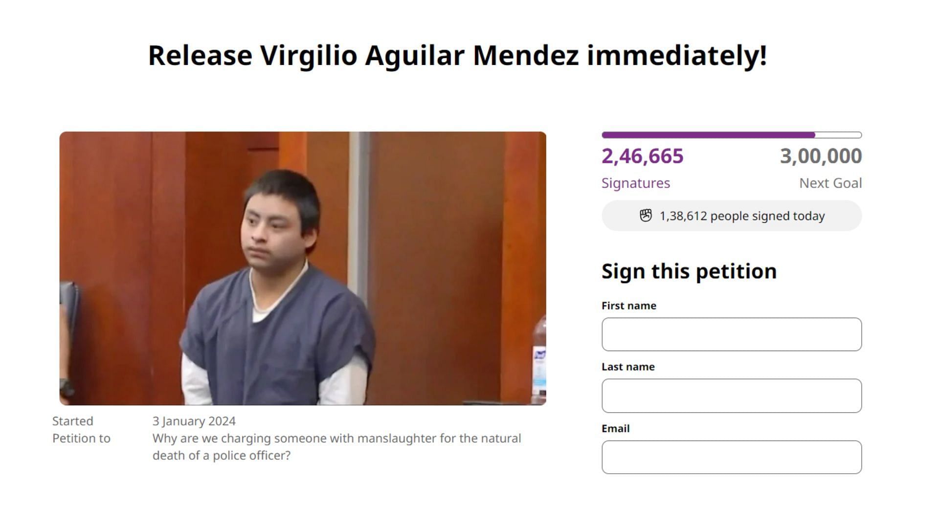 A screenshot of the change.org petition for Virgilio Aguilar Mendez (Image via change.org)