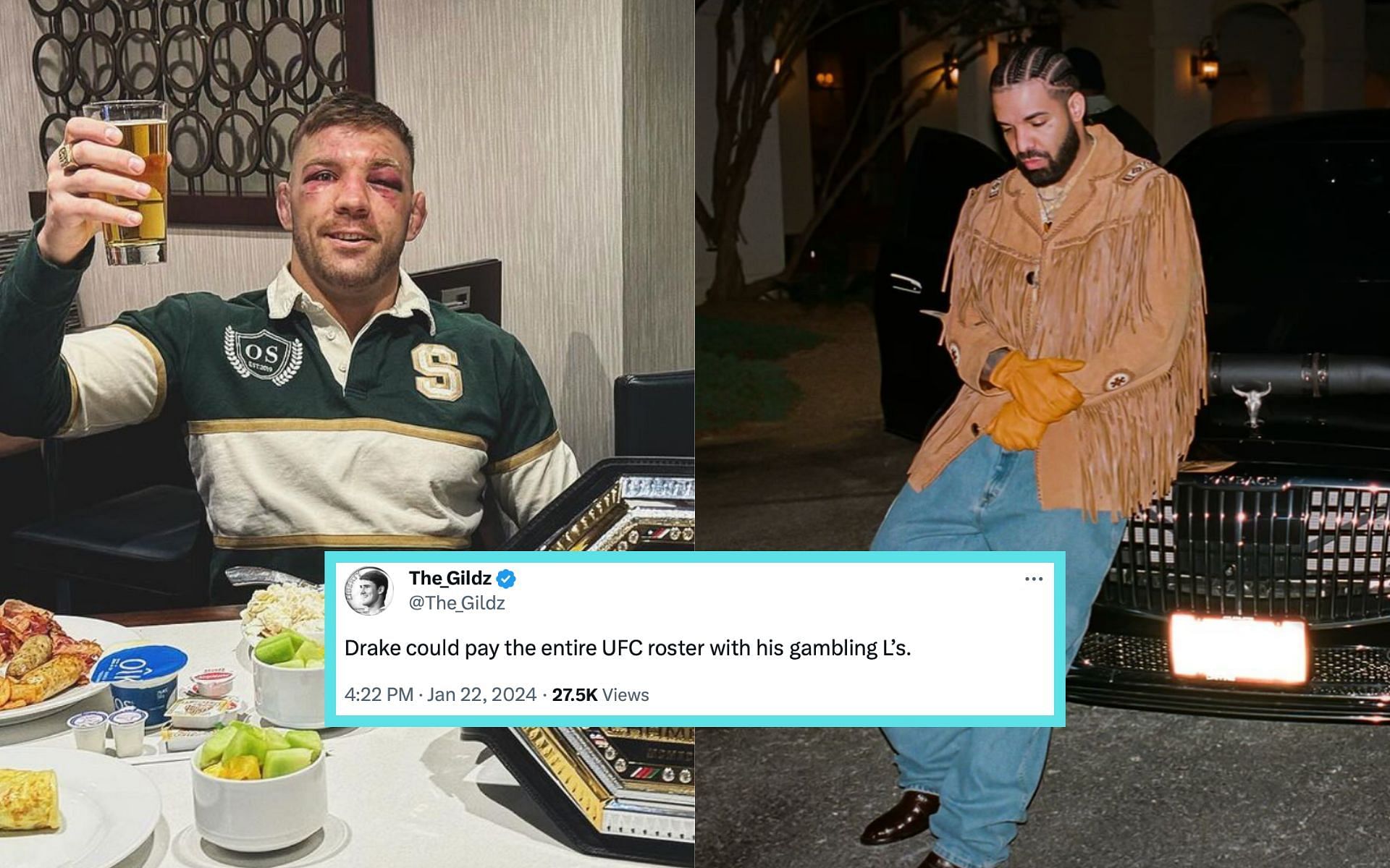 Dricus du Plessis (left) sarcastically thanks Drake (right) for betting on Sean Strickland at UFC 297 [Photo Courtesy @dricusduplessis and @champagnepapi on Instagram]