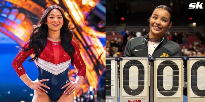 Suni Lee reacts to University of Minnesota's Mya Hooten producing career-best performance against Iowa