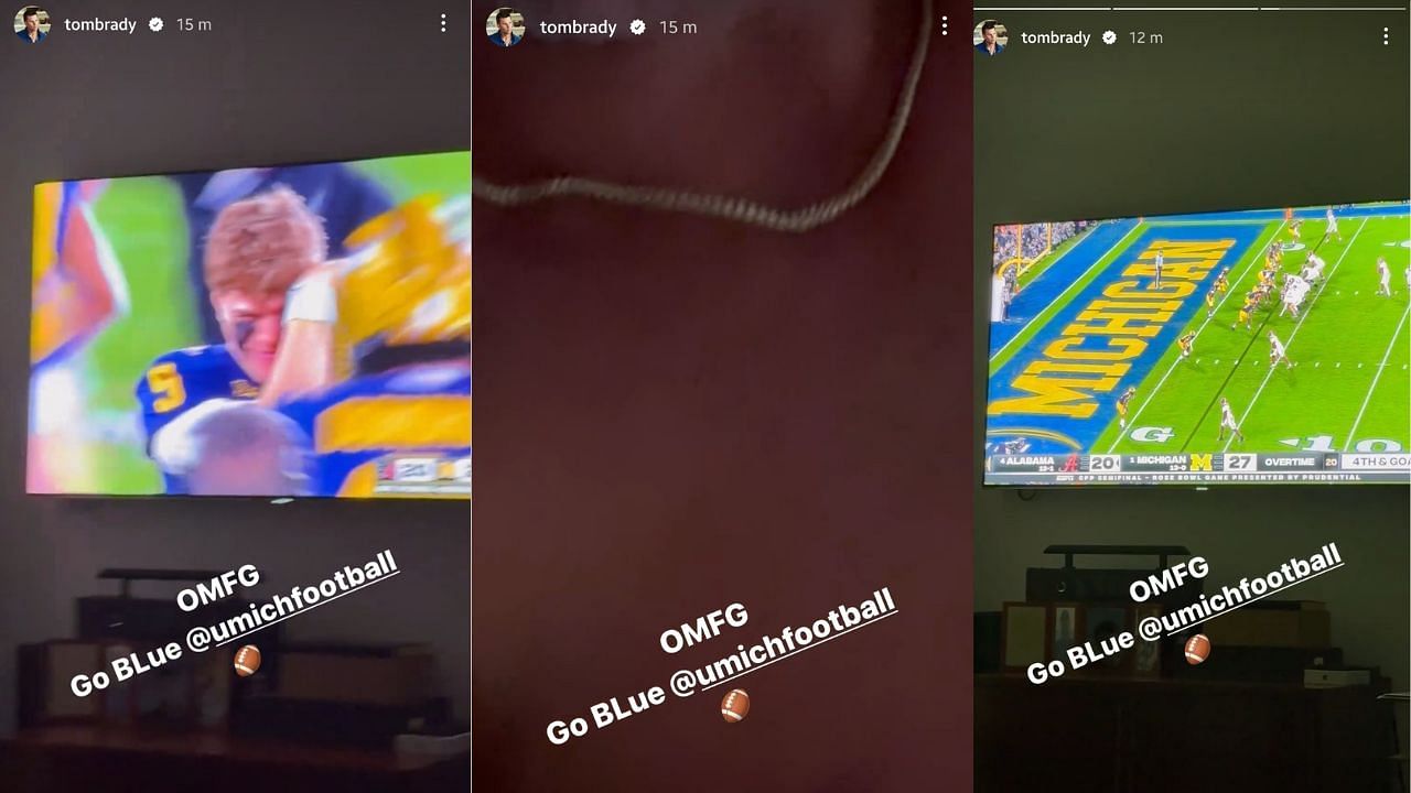 Screenshot from Tom Brady&#039;s Instagram Stories celebrating Michigan win over Alabama in Rose Bowl