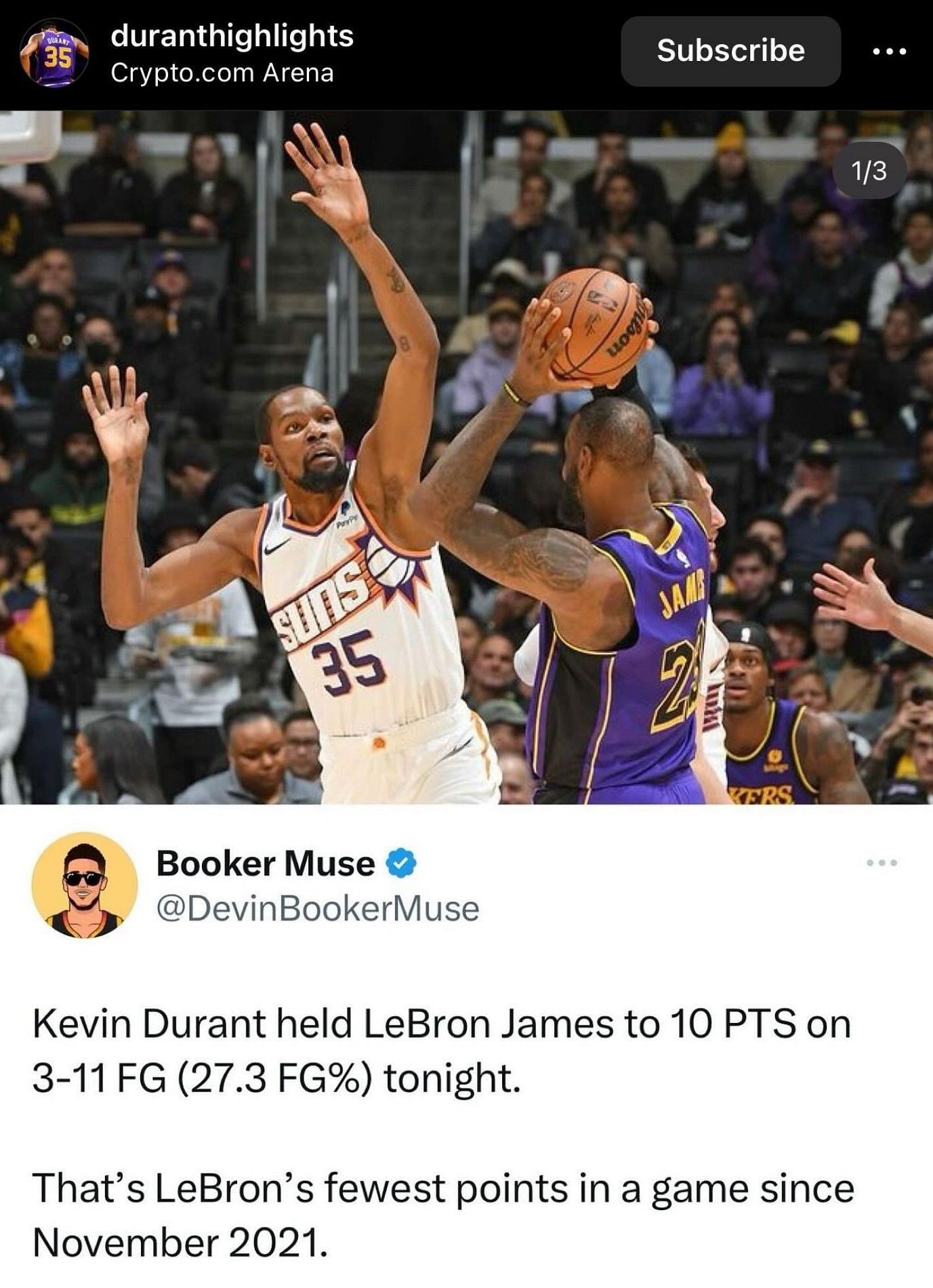 Kevin Durant limited LeBron James in their last game.