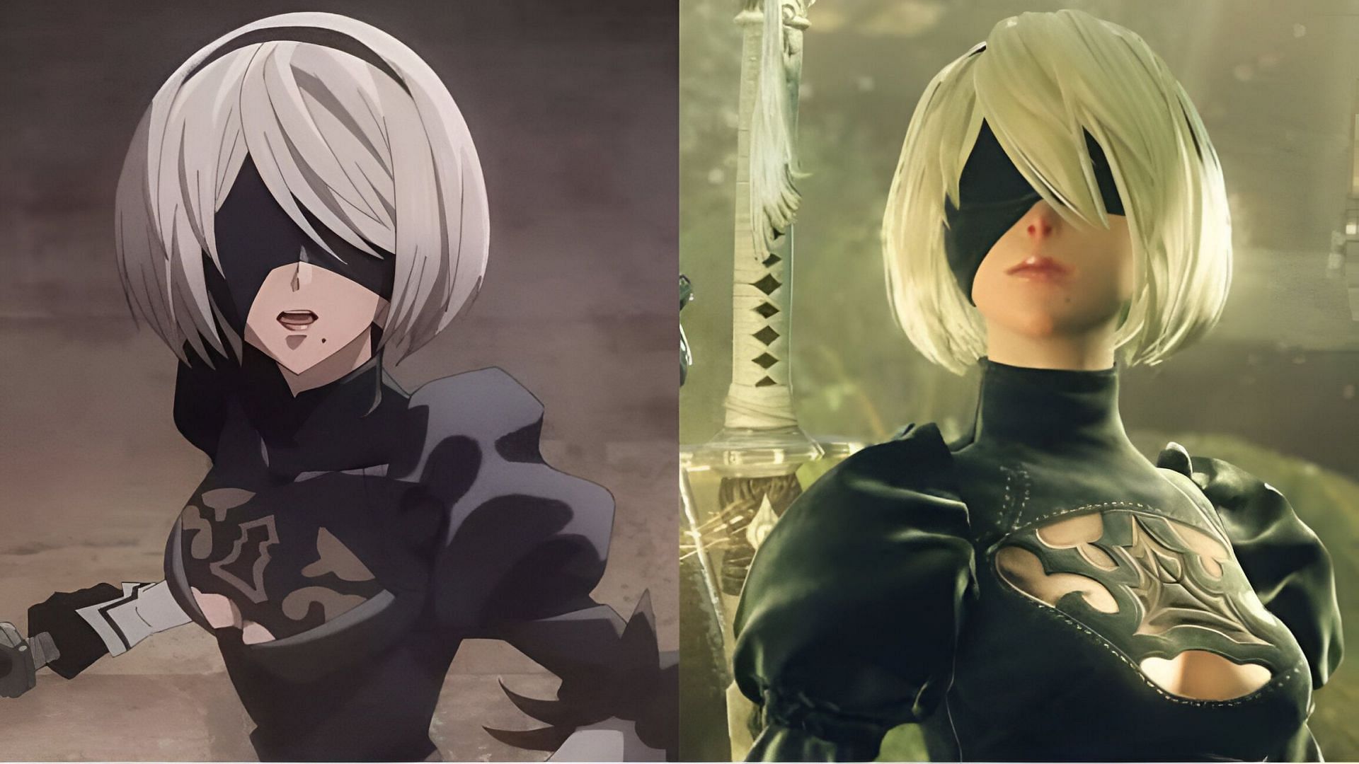 2B as seen in the anime (left). 2B as seen in the game (right) (Image via A-1 Pictures &amp; PlatinumGames)