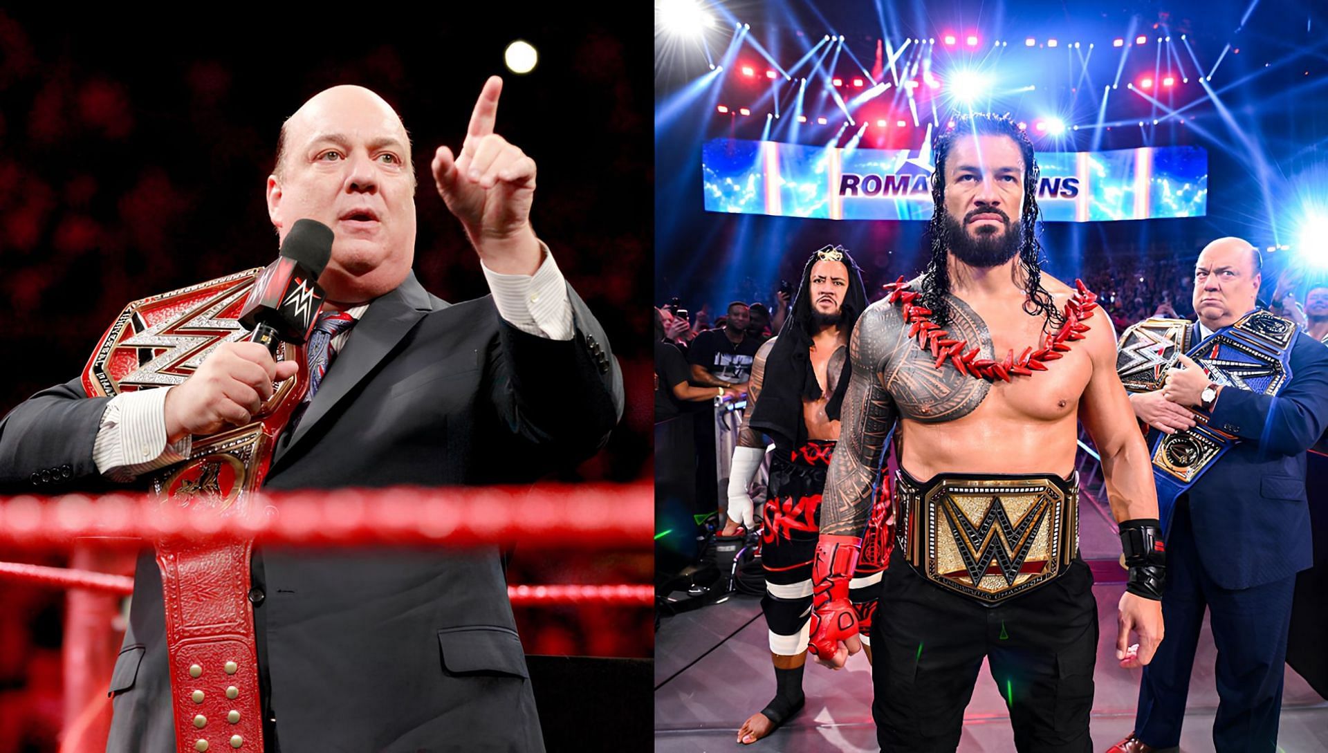 Paul Heyman (left) and Bloodline (right)