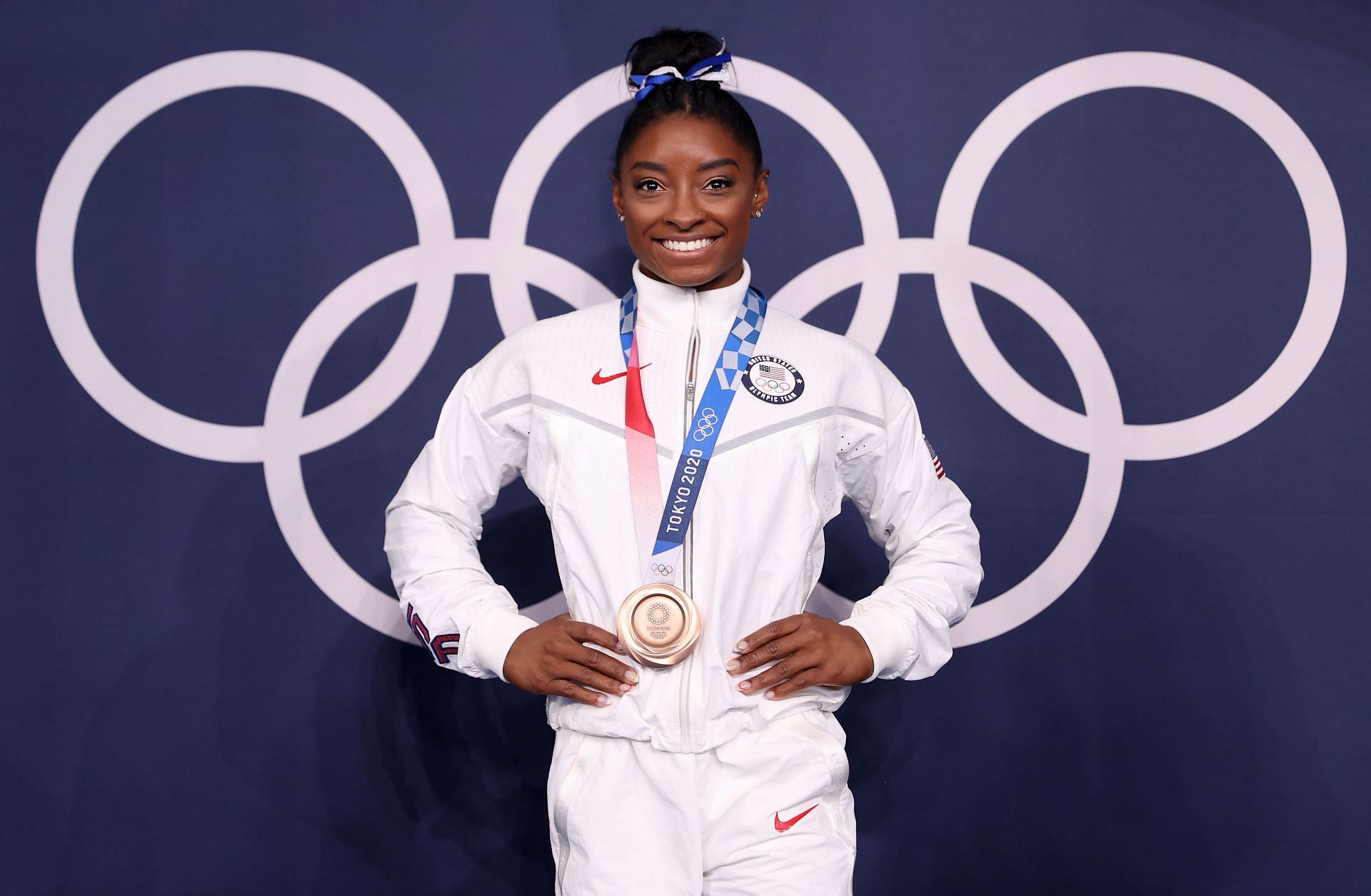 Simone Biles of Team United States poses with the bronze medal following the Women&#039;s Balance Beam Final at the 2020 Olympic Games in Tokyo, Japan.