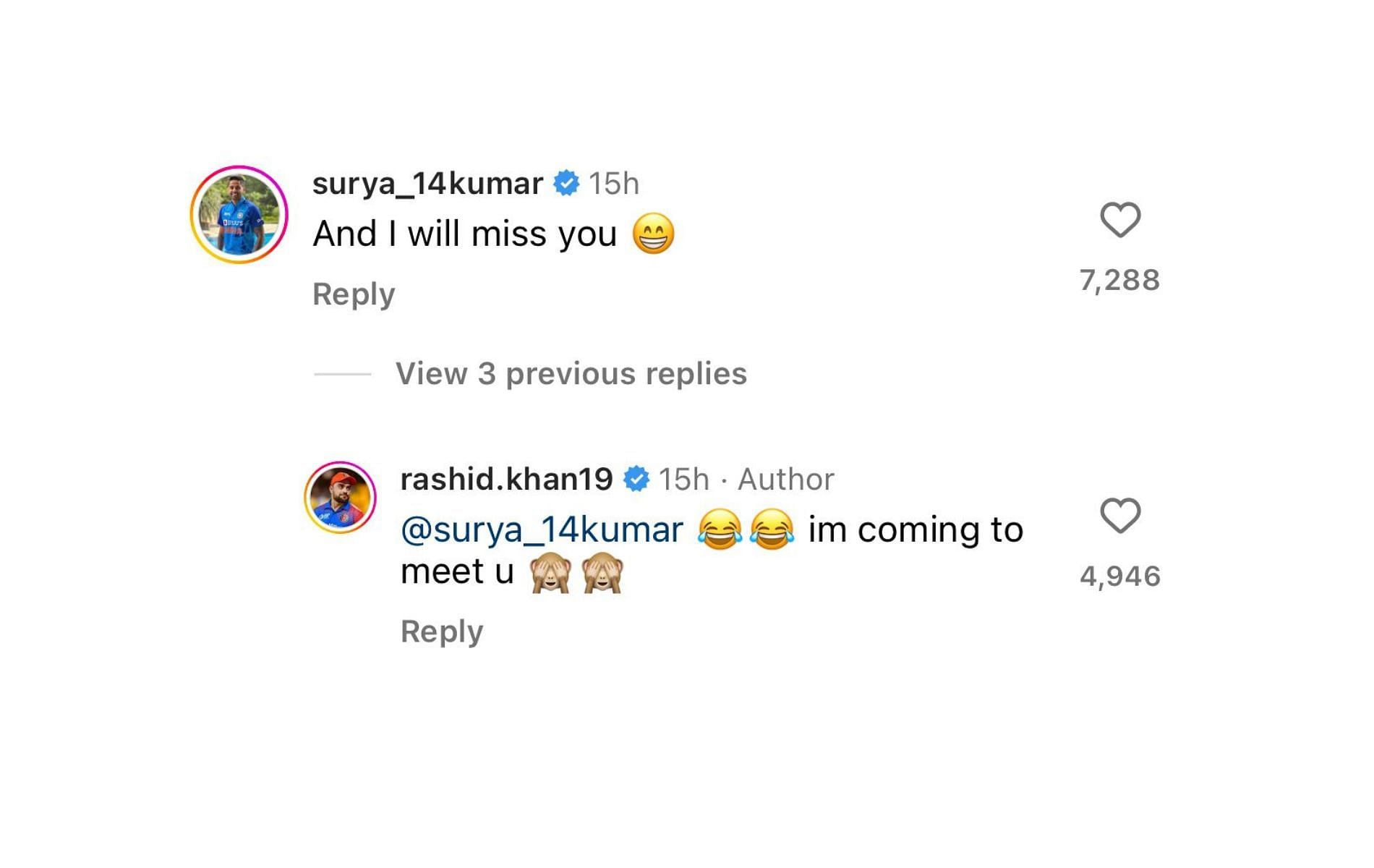 Suryakumar Yadav's comment on Rashid Khan's post.