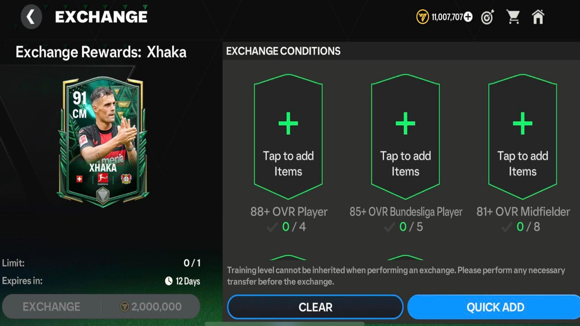 Snippet showing Granit Xhaka&#039;s FC Mobile Winter Wildcards Exchange requirements (Image via EA Sports)