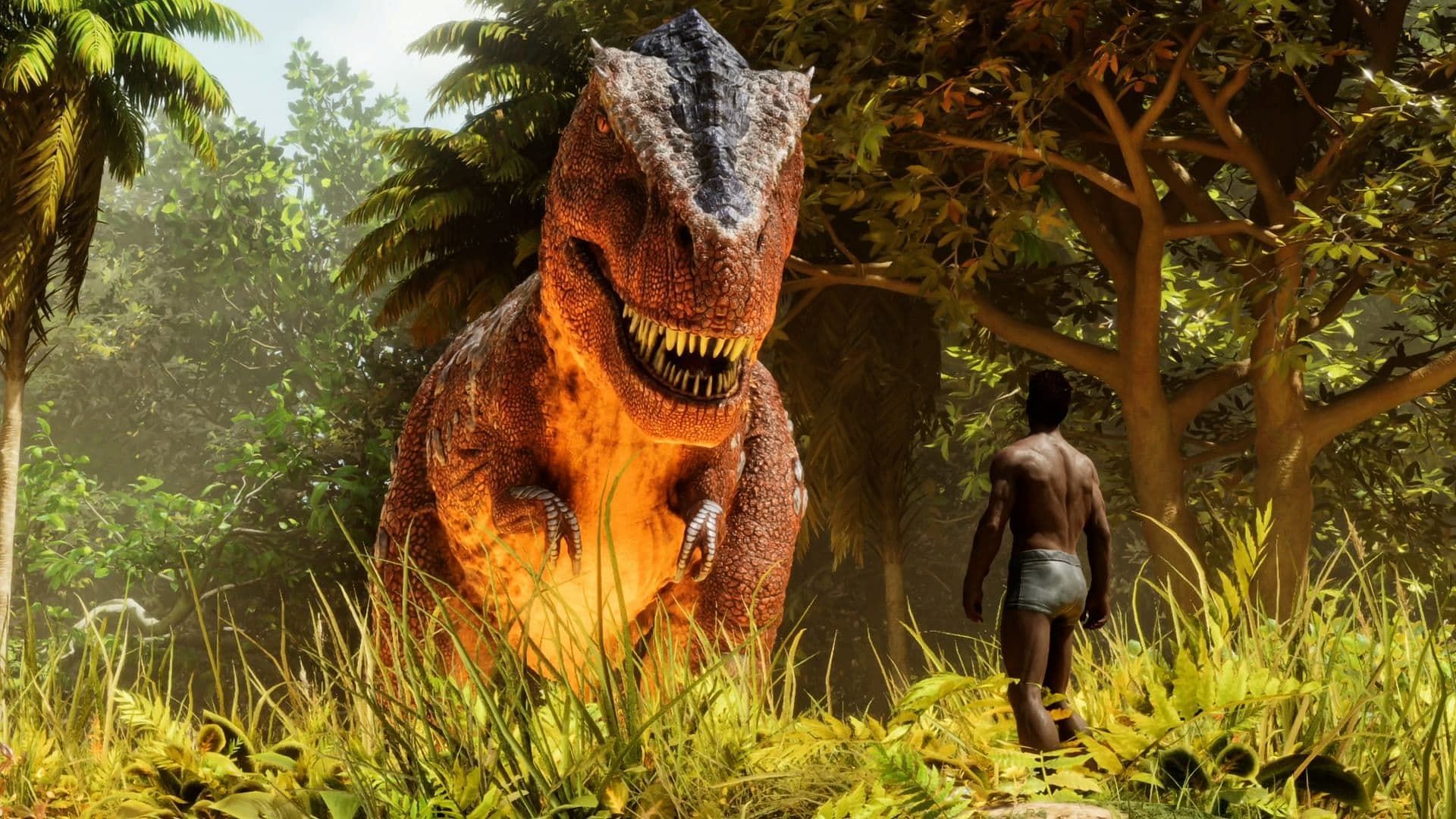 A T-Rex attacking a player in ARK Survival Ascended