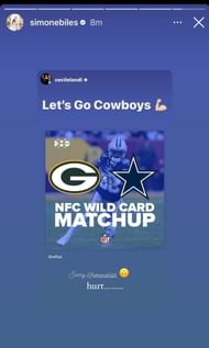 Screenshot of Simone Bile's story highlighting coach Cecile Landi supporting Dallas Cowboys