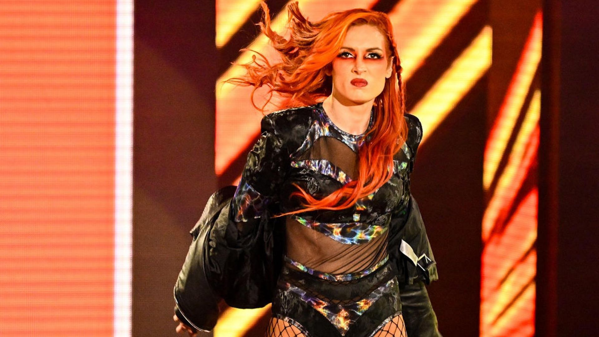 Becky Lynch making her entrance at Royal Rumble 2024.