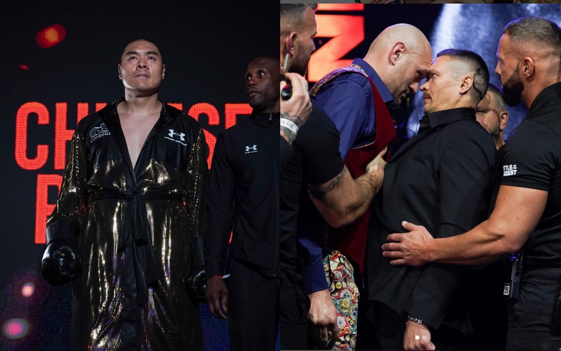 Zhilei Zhang has previewed Tyson Fury vs. Oleksandr Usyk [Images via @zhileibigbangzhang and @tysonfury on Instagram]