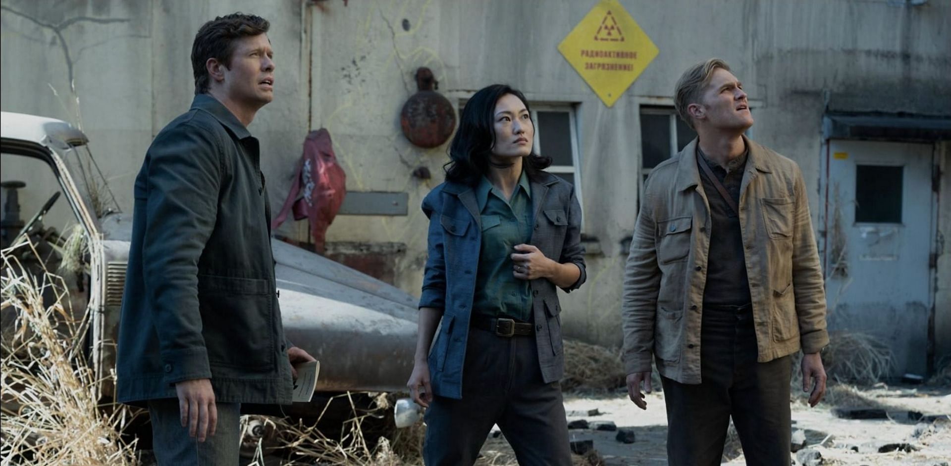 Wyatt Russell, Anders Holm, and Mari Yamamoto in a scene from Monarch: Legacy of Monsters (Image via IMDb)