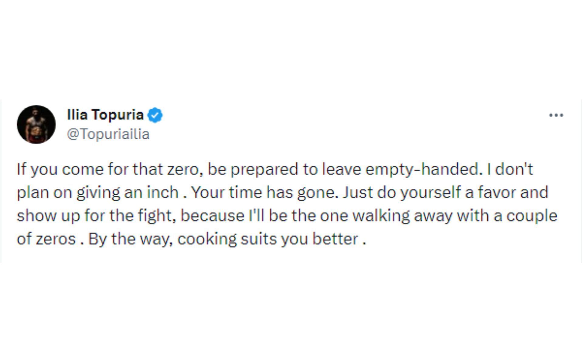 Topuria&#039;s tweet regarding his upcoming title fight against Volkanovski [Image courtesy: @Topuriailia - X]