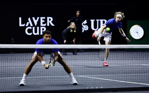 Andrey Rublev and Arthur Fils of Team Europe at the 2023 Laver Cup at the Rogers Arena in Vancouver, British Columbia - Getty Images